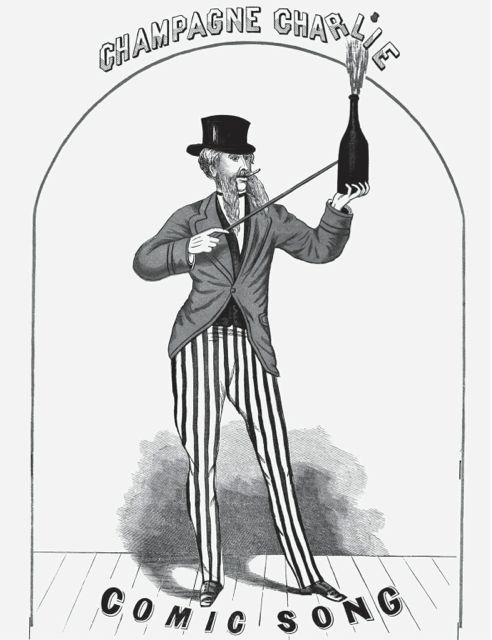 Джордж Лейбурн (1842—1884), популярный артист английского мюзик-холла Викторианской эпохи. Постер 1867 года рекламирует самую известную песню из его репертуара Champagne Charlie