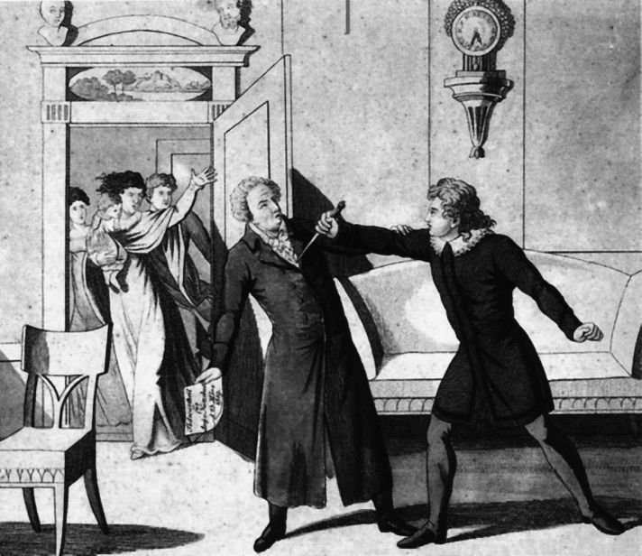 Убийство Августа фон Котцебу, совершенное в 1819 году в Мангейме по политическим мотивам студентом Карлом Людвигом Зандом. Иллюстрация в газете Mannheimer Tageblättern, 1819
