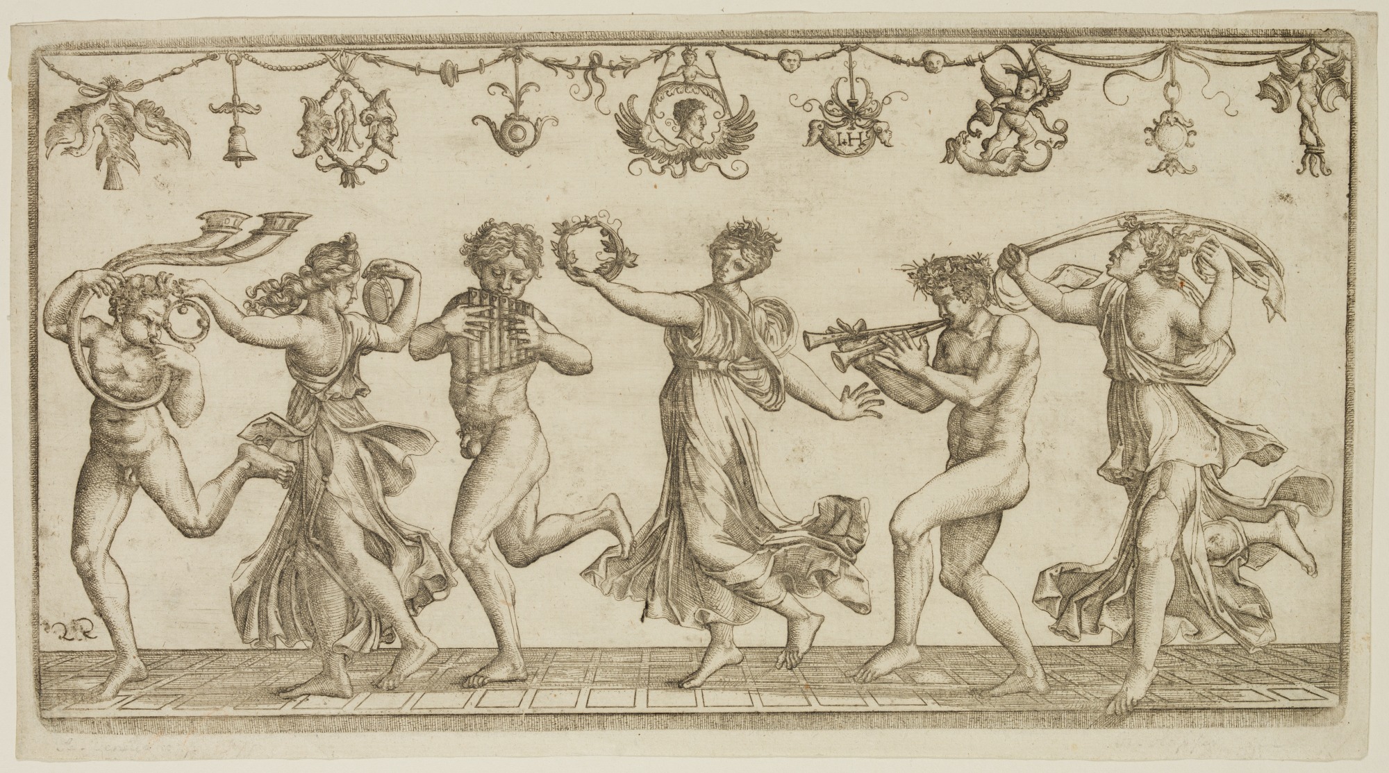 Фавны и вакханки танцуют и создают музыку. Работа Иероним Хопфер ( около 1500-1563)